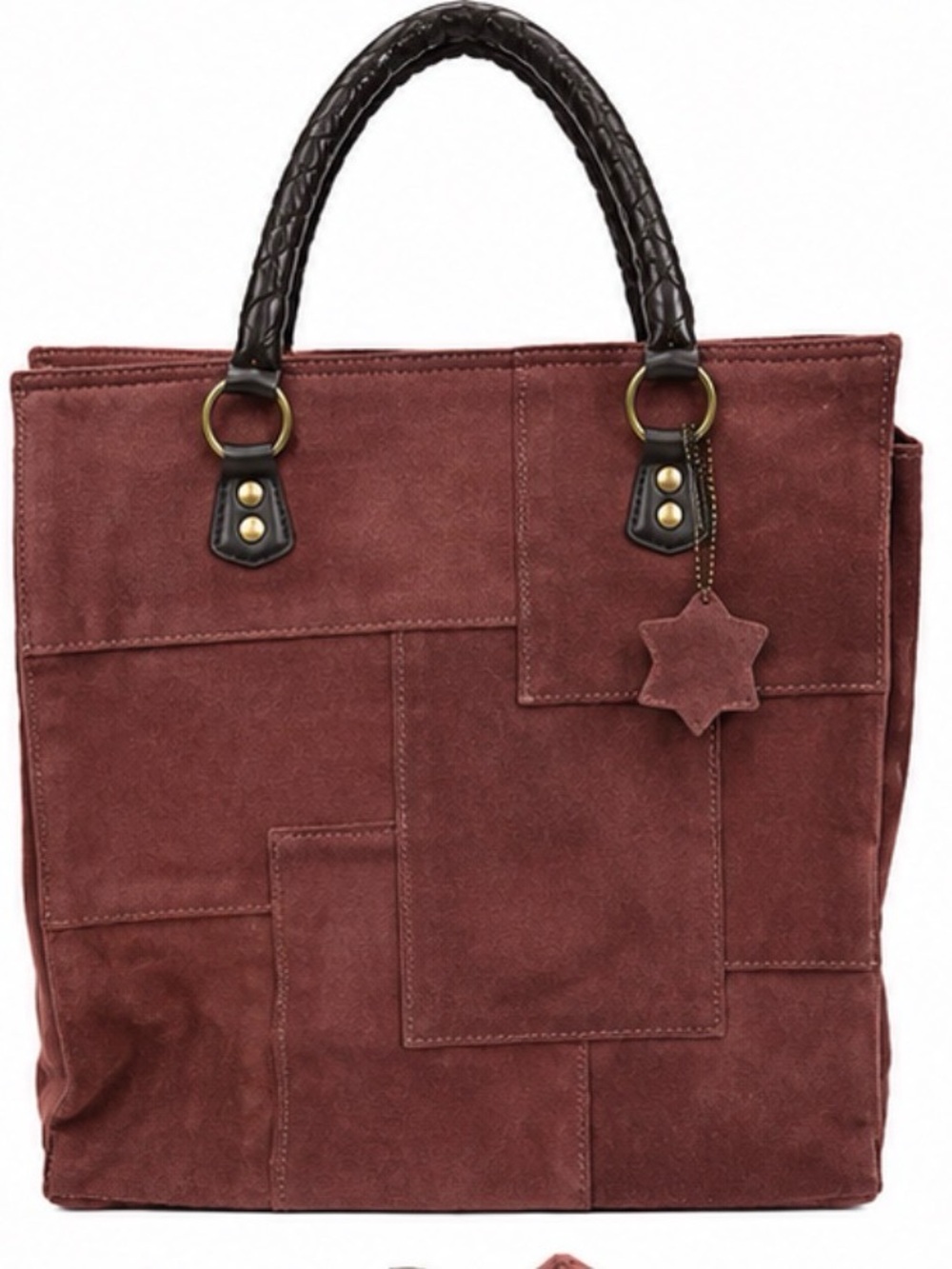Suede Patchwork Tote Bag in Burgundy - Stylish Women’s Handbag